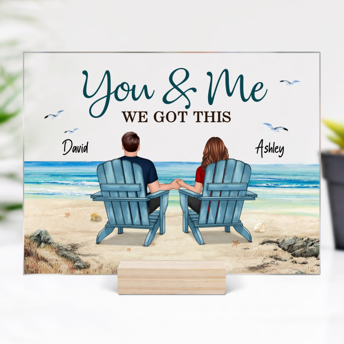 Back View Couple Sitting Beach Landscape Personalized Acrylic Plaque
