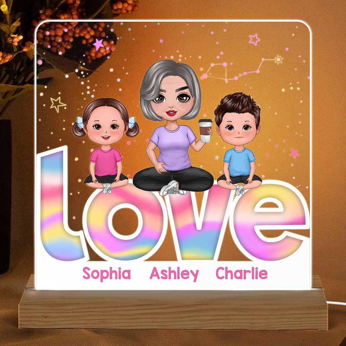 Grandma Grandkids Sitting On Love Personalized Custom Shape Acrylic Plaque With Warm LED Night Light