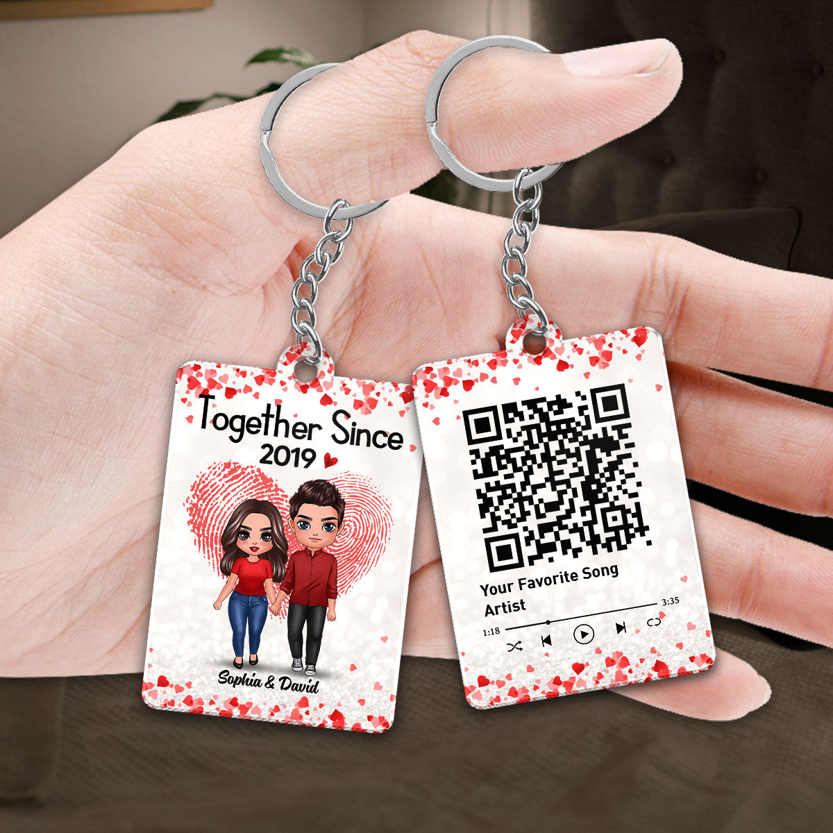 Fingerprint Doll Couple Standing Favorite Song Scannable QR Code Personalized Acrylic Keychain