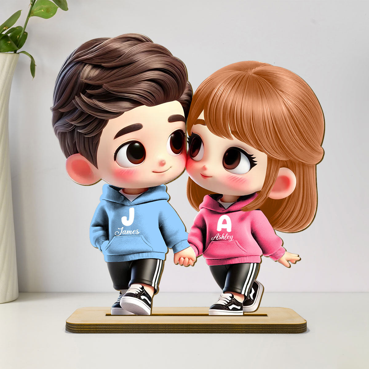 3D Effect Cute Cartoon Couple Holding Hands Personalized Standing Wooden Plaque, Anniversary &  Gift for him, Gift for her