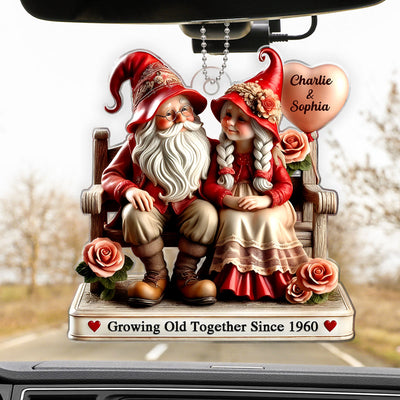 3D Effect Gnome Old Couple Sitting On Bench Personalized Car Hanger Ornament, Valenine's Day Gift For Couple, For Him, For Her, Husband, Wife