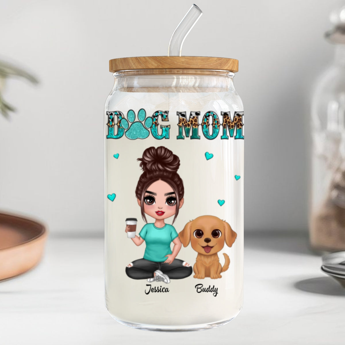 Watercolor Cute Dogs Teal And Leopard Dog Mom Personalized Clear Glass Can