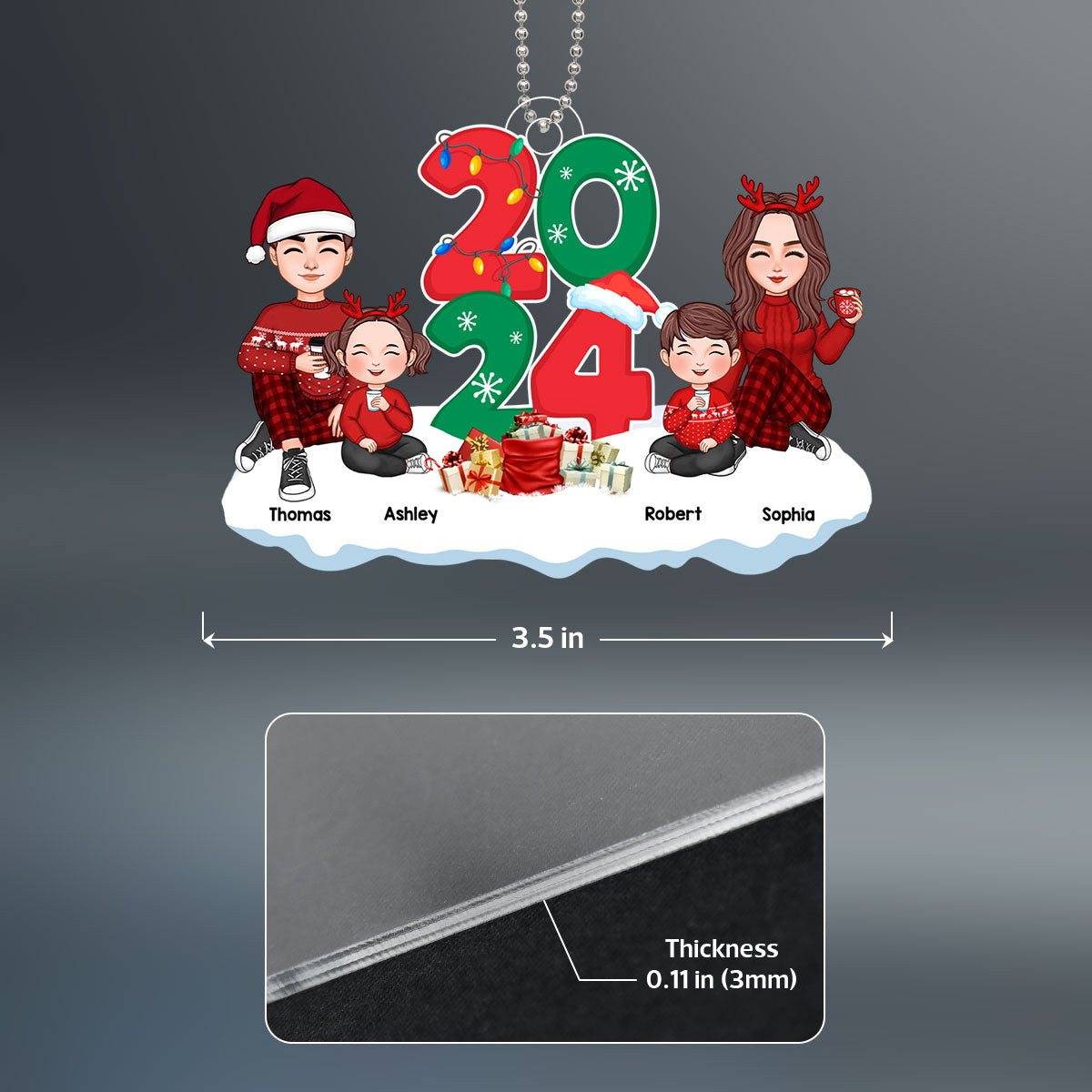 Cute Family Dad Mom Kids Dogs Cats Sitting By 2024 Christmas Personalized Acrylic Ornament