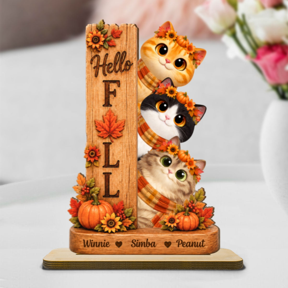 Hello Fall Cats 2D Flat - Personalized Wooden Plaque - Fall Season Decoration