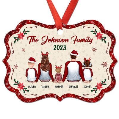 Pajamas Family Sitting Back View Christmas Vibe Red Border Personalized Christmas Ornament