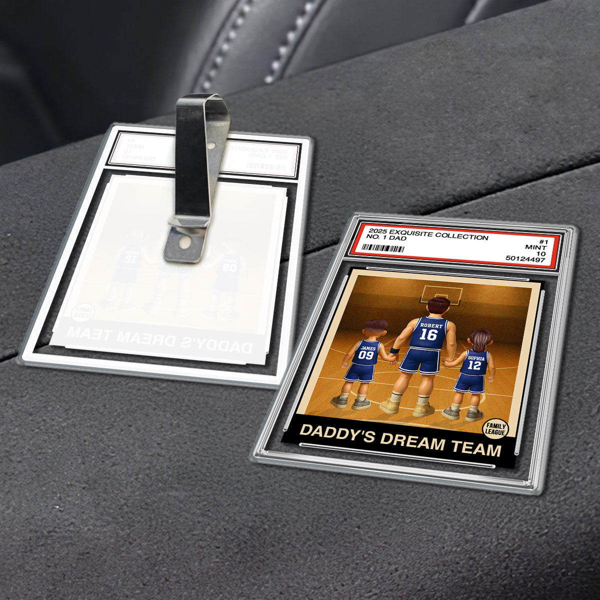 Basketball No. 1 Dad Man & Kids Trading Card Style Personalized Acrylic Car Visor Clip