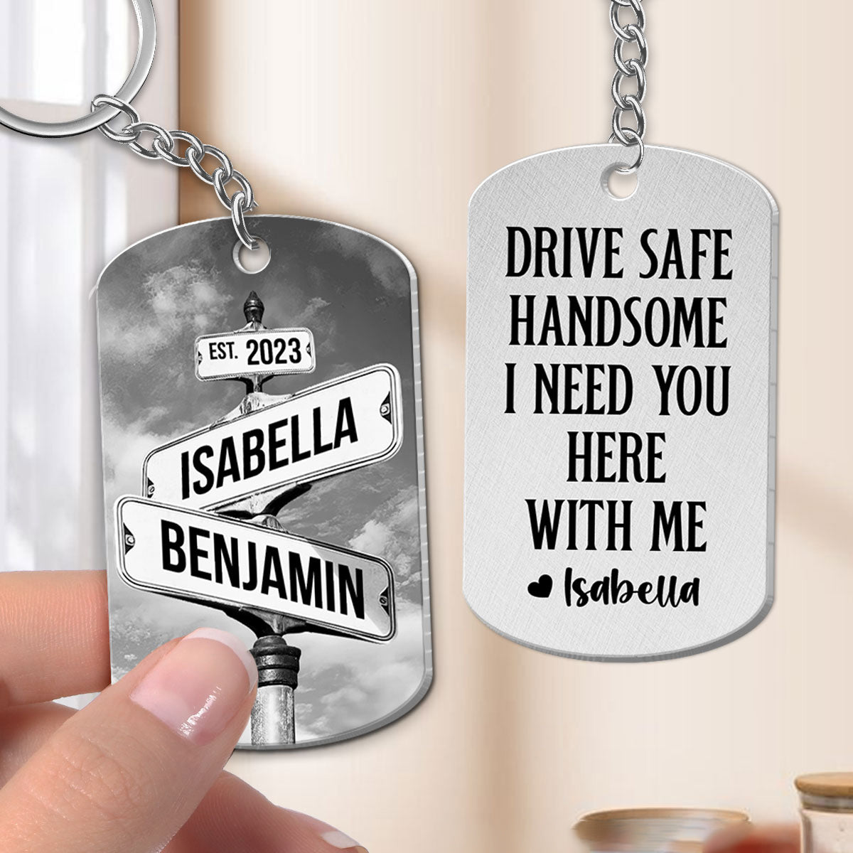Drive Safe I Need You Vintage Crossroads Street Sign Personalized Metal Keychain, Anniversary  Gift For Him, Boyfriend, Husband