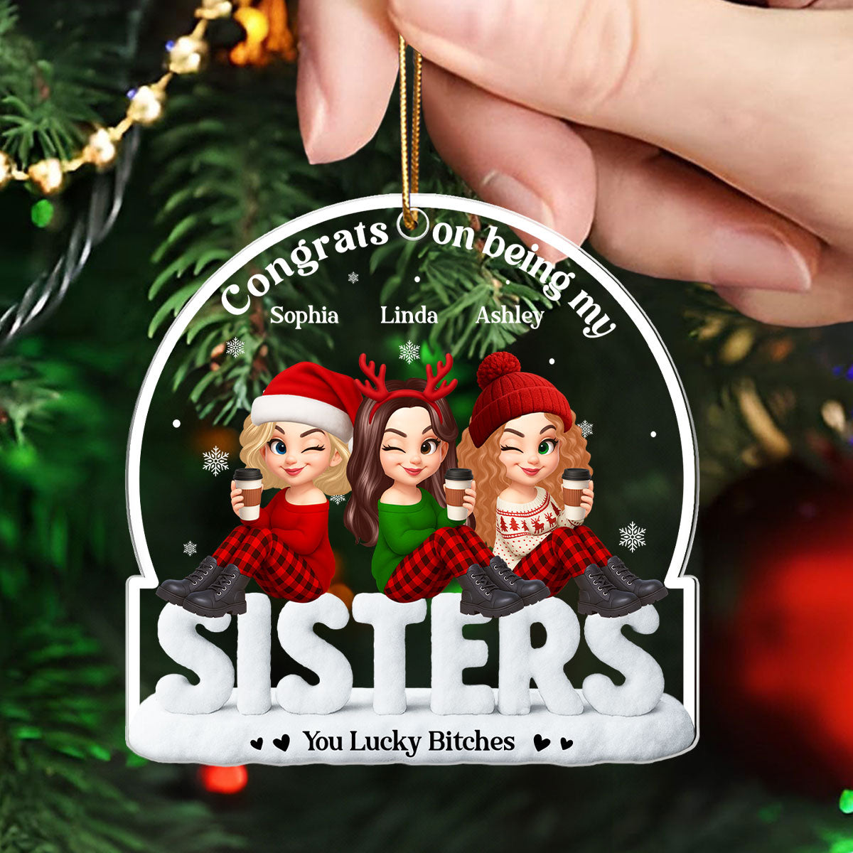 Congrats On Being My Besties Sisters Sitting On Text Personalized Acrylic Ornament