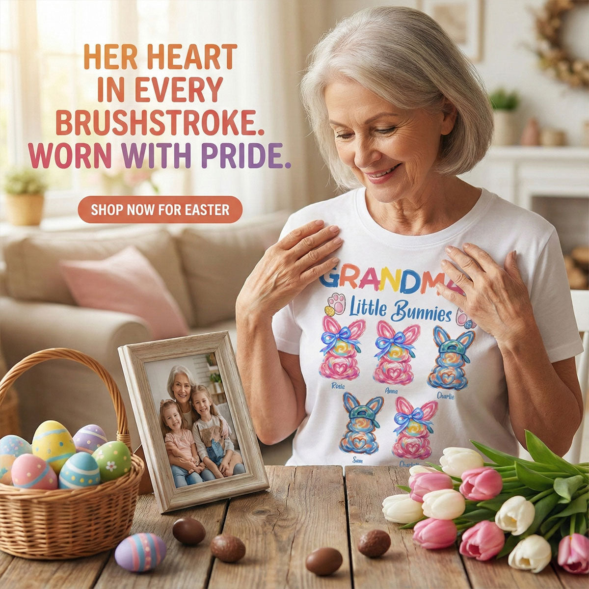 Grandma's Little Bunnies Colorful Brushstroke - Personalized Shirt - Easter Shirt for Grandma