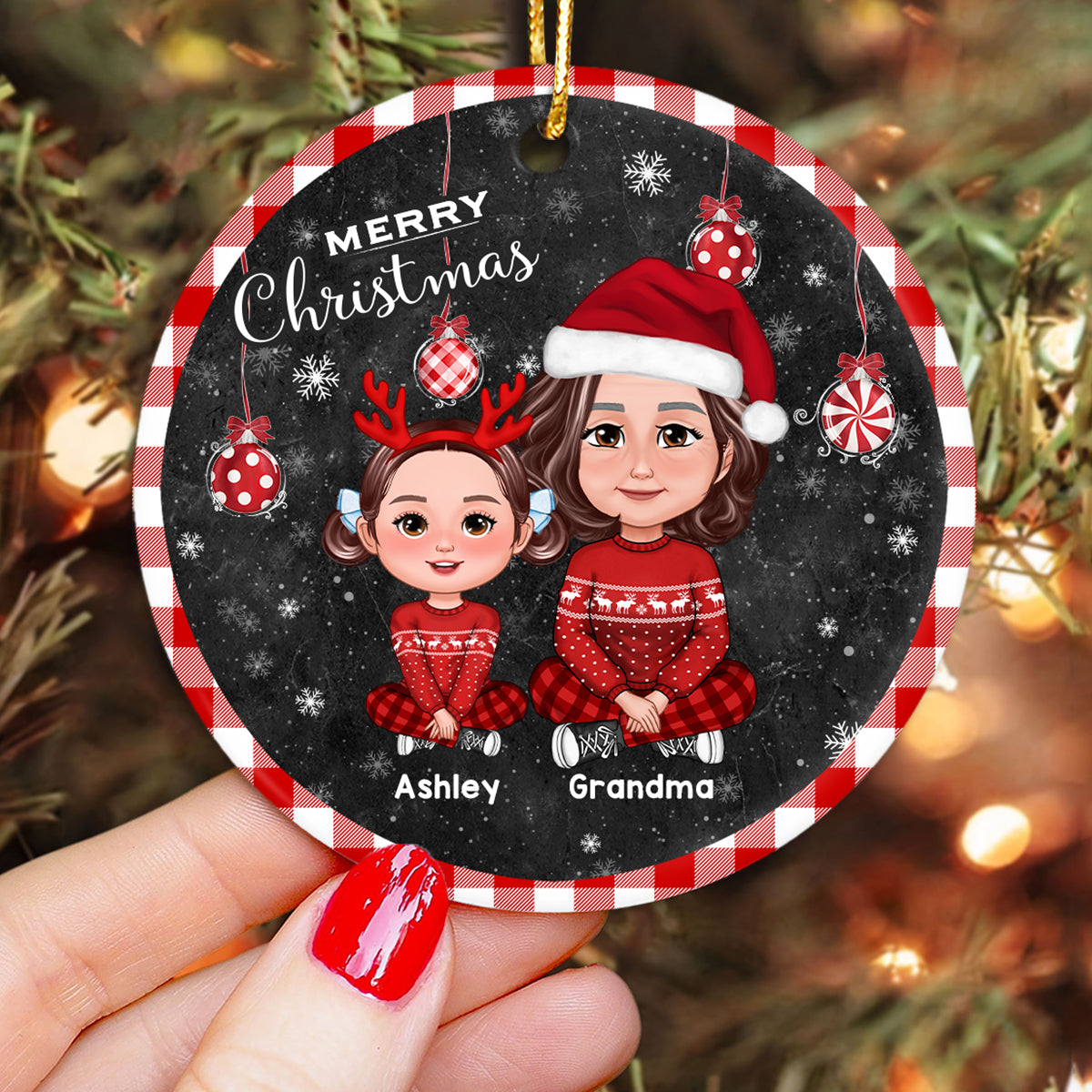 Checkered Patterned Frame And Ornaments Grandma Grandkids Personalized Cirlce Ornament