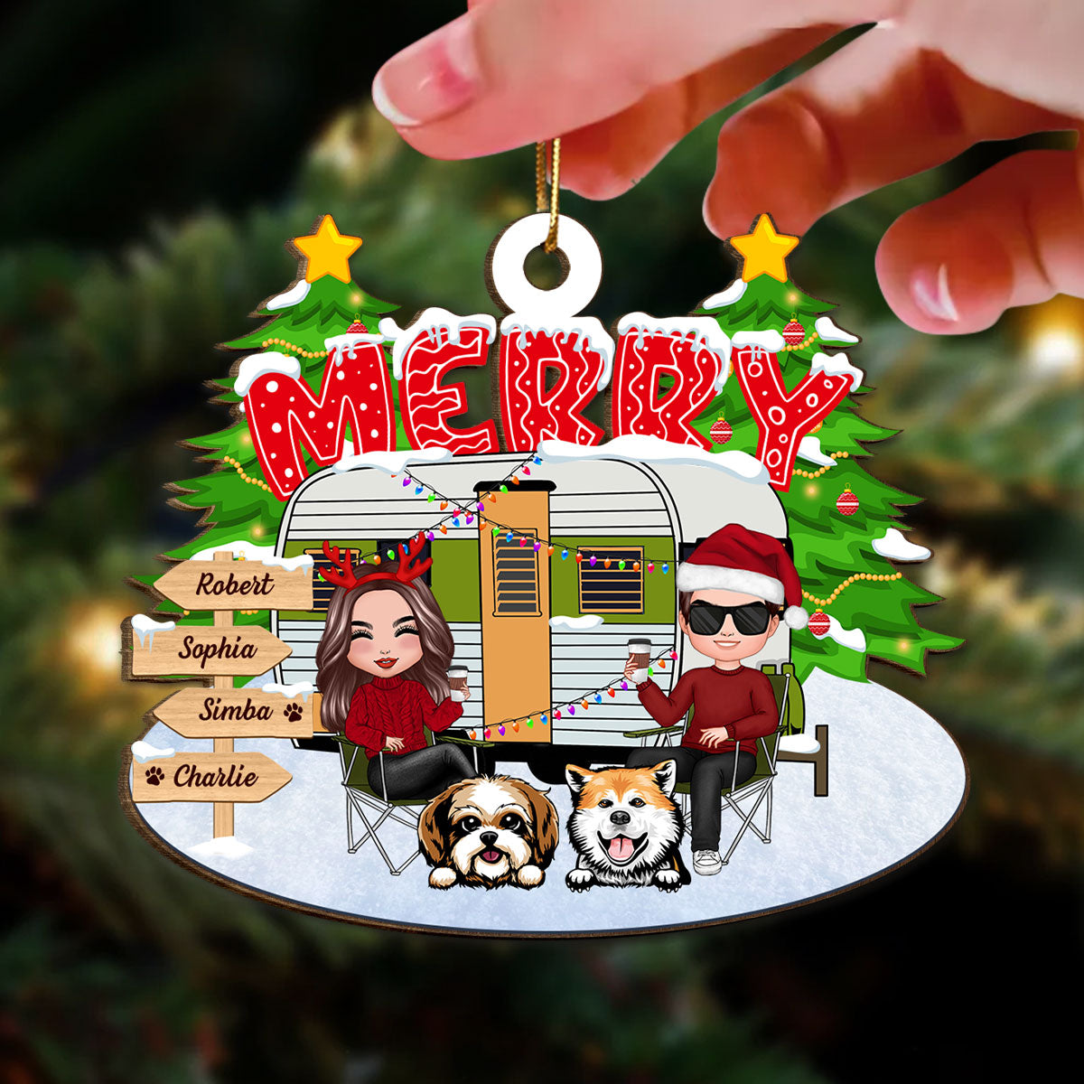Couple And Dogs Camping Merry Christmas Personalized Wooden Ornament
