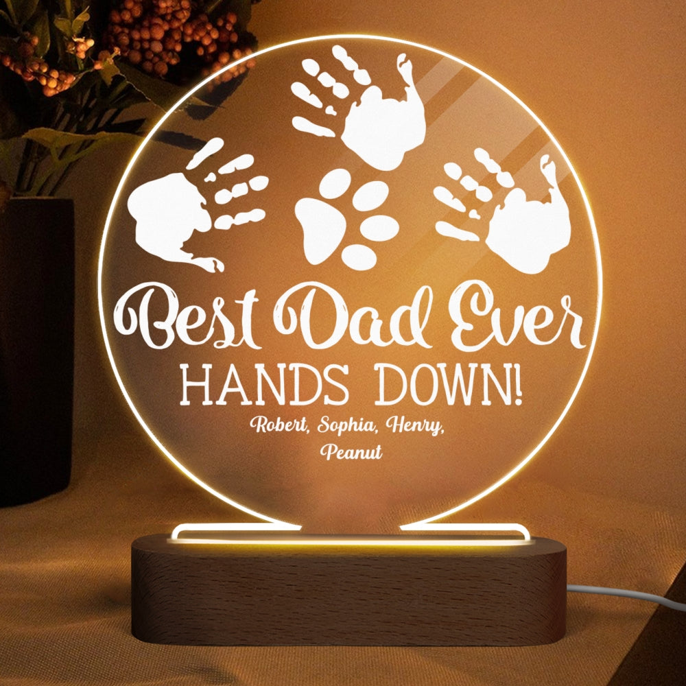 Best Dad Ever Hands Down Kids Dogs Cats Fingerprints Personalized Circle LED Night Light