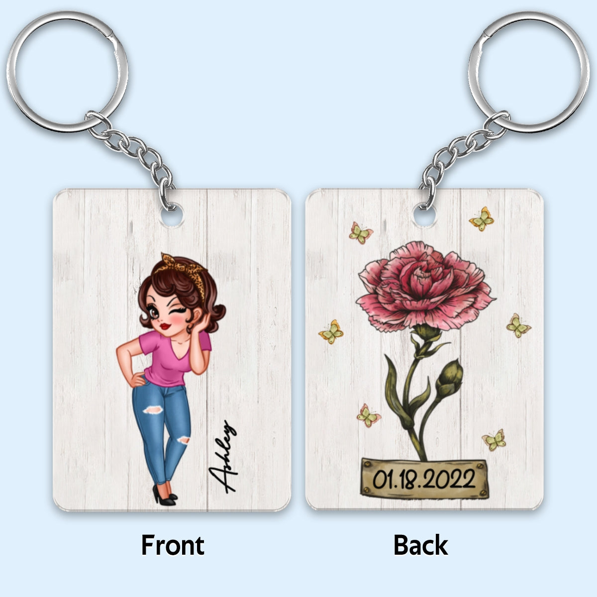 Pretty Woman Custom Character Beautiful Vintage Birth Flower & Name Birthday Gift For Family Friends Personalized Acrylic Keychain