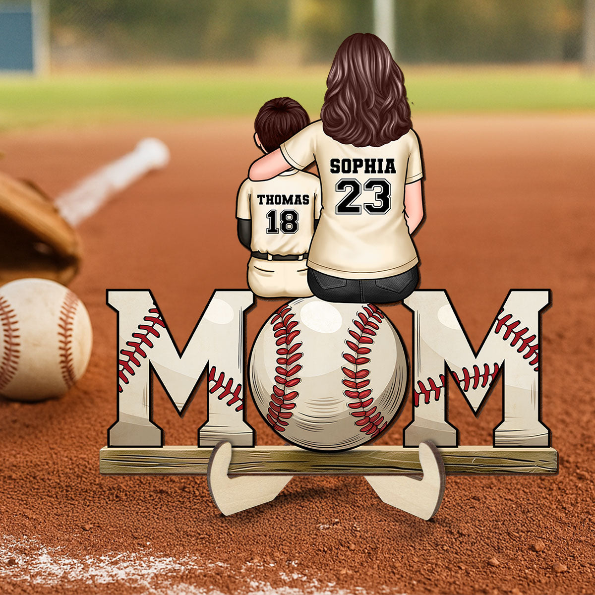 Baseball, Softball Mom And Kids Personalized 2 Layer Wooden Plaque, Gift for Mom, Gift for Wife