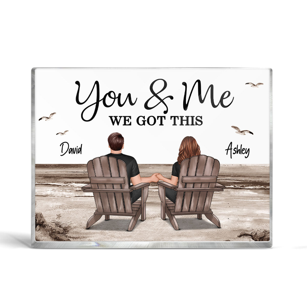 Retro Vintage Back View Couple Sitting Beach Landscape Personalized Rectangle Acrylic Block Plaque