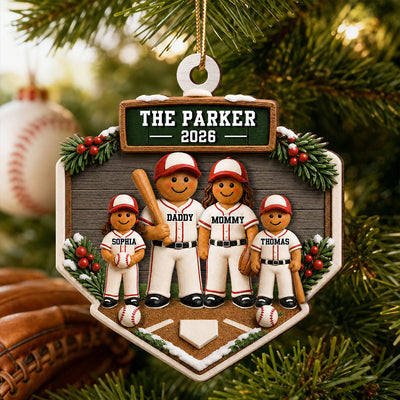 Baseball Gingerbread Family Home Plate 2D Flat - Personalized Wooden Ornament - Sport Lover Christmas Tree Decor, Keepsake