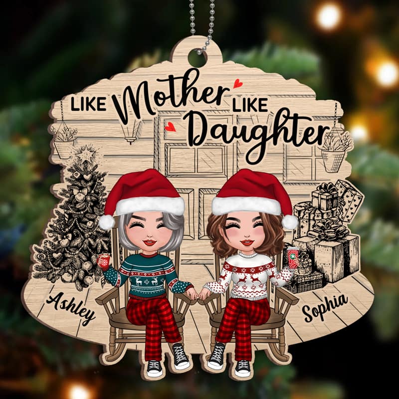Mother Daughter Front Porch Christmas Personalized Wooden Ornament