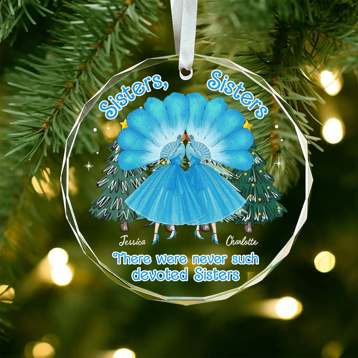 Sisters Sisters Besties in Blue Dresses Personalized Glass Ornament