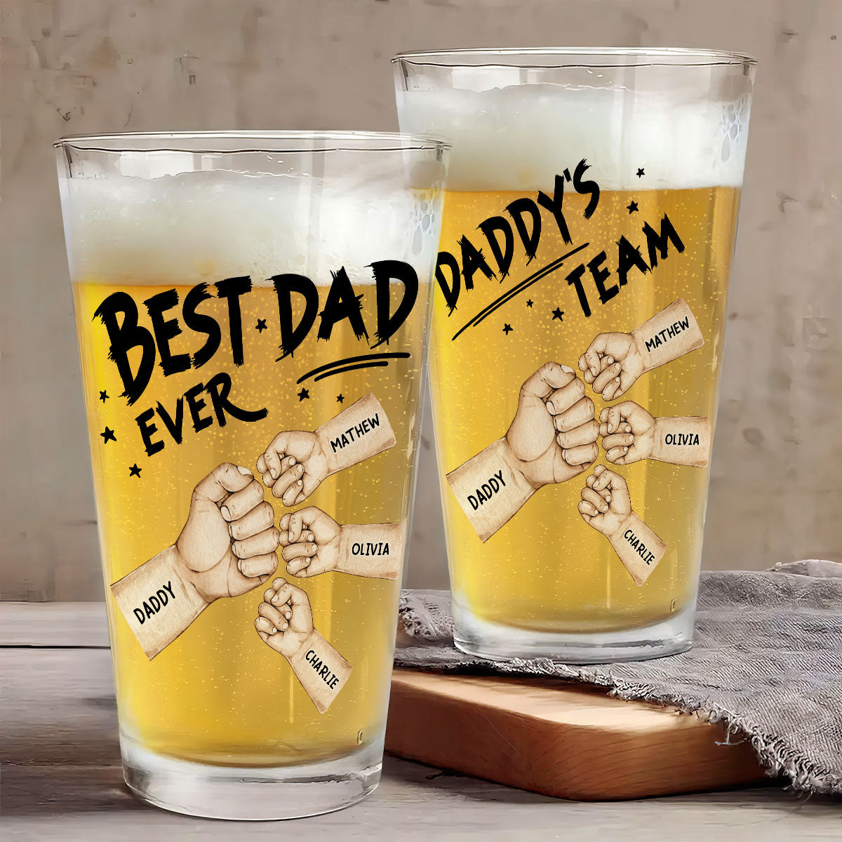 Best Dad Ever Fist Bump Personalized Beer Glass, Unique Birthday Gift For Dad, Father's Day Gift