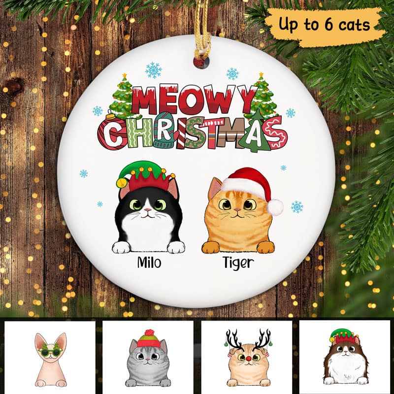 Meowy Christmas Text Fluffy Cats Personalized Circle Ornament