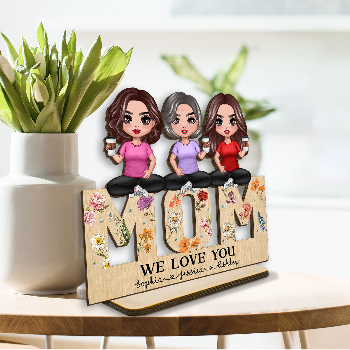 Mom And Daughters Sitting On Word Vintage Flowers Personalized Standing Wooden Plaque