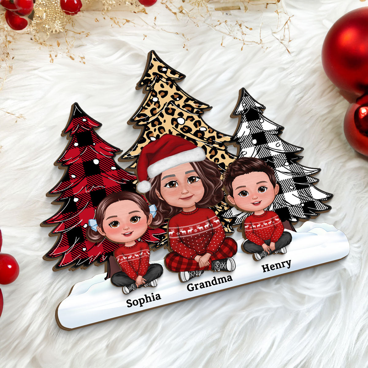 Leopard Checkered Pattern Christmas Tree Grandma Grandkids Personalized 2-Layer Standing Wooden Plaque