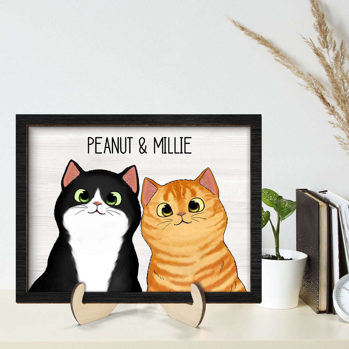 Peeking Fluffy Cats Personalized 2-Layer Wooden Plaque