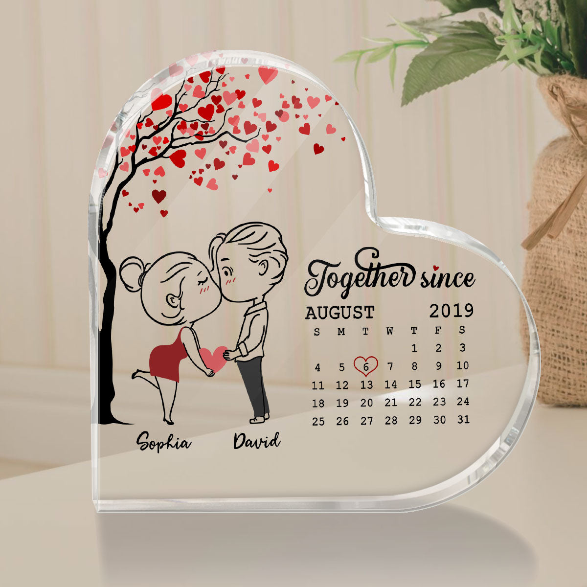 Chibi Couple Outline Calendar Personalized Acrylic Heart Plaque