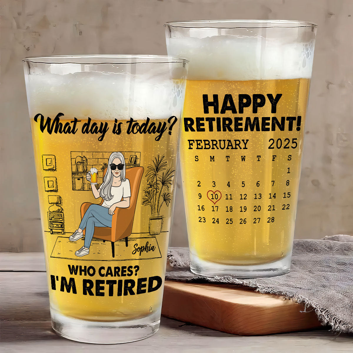 Woman Man Sitting I'm Retired You Can't Make Me Custom Calendar Personalized Beer Glass, Retirement Gift