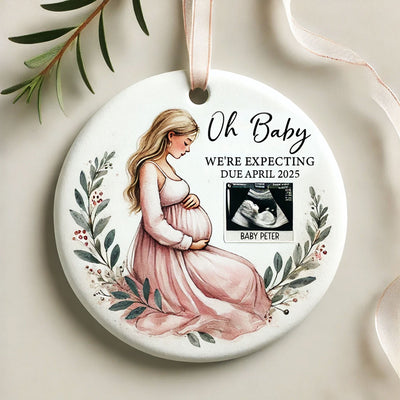 Oh Baby We're Expecting Pregnant Mom Baby Bump's Christmas Personalized Ceramic Ornament