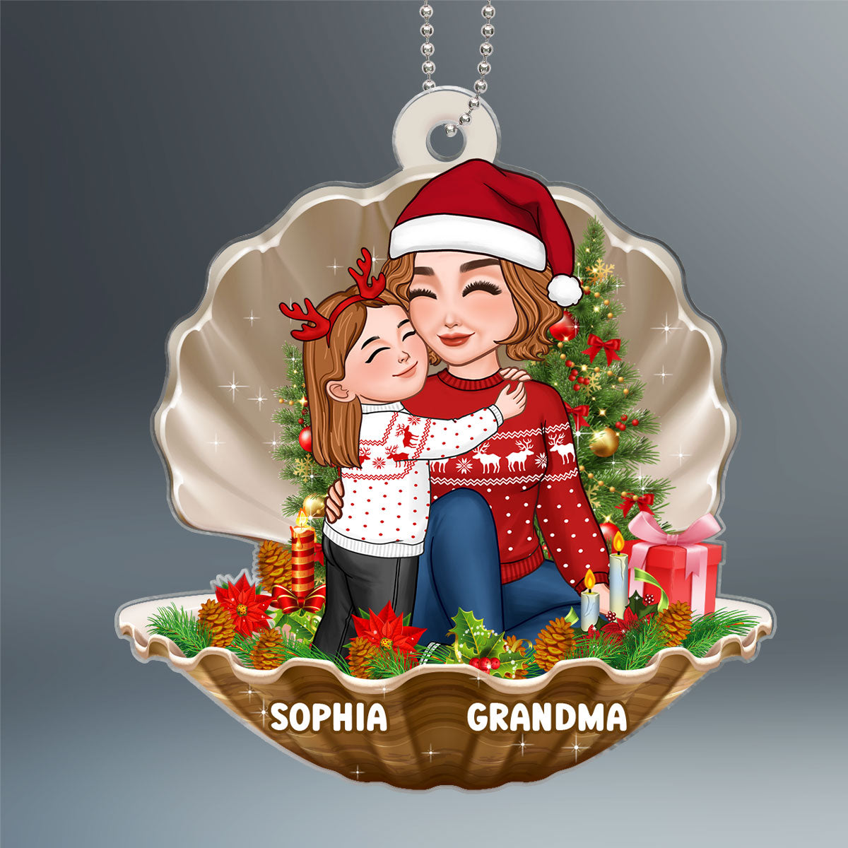 Cute Grandkid Hugging Sitting Grandma In Pearl Shell Personalized Acrylic Ornament