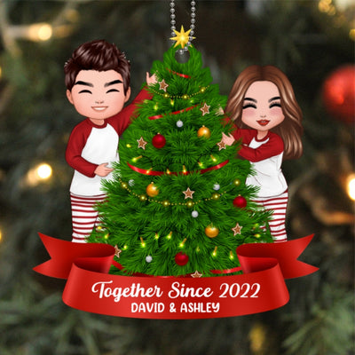 Doll Couple Decorating Christmas Tree Personalized Wooden Ornament