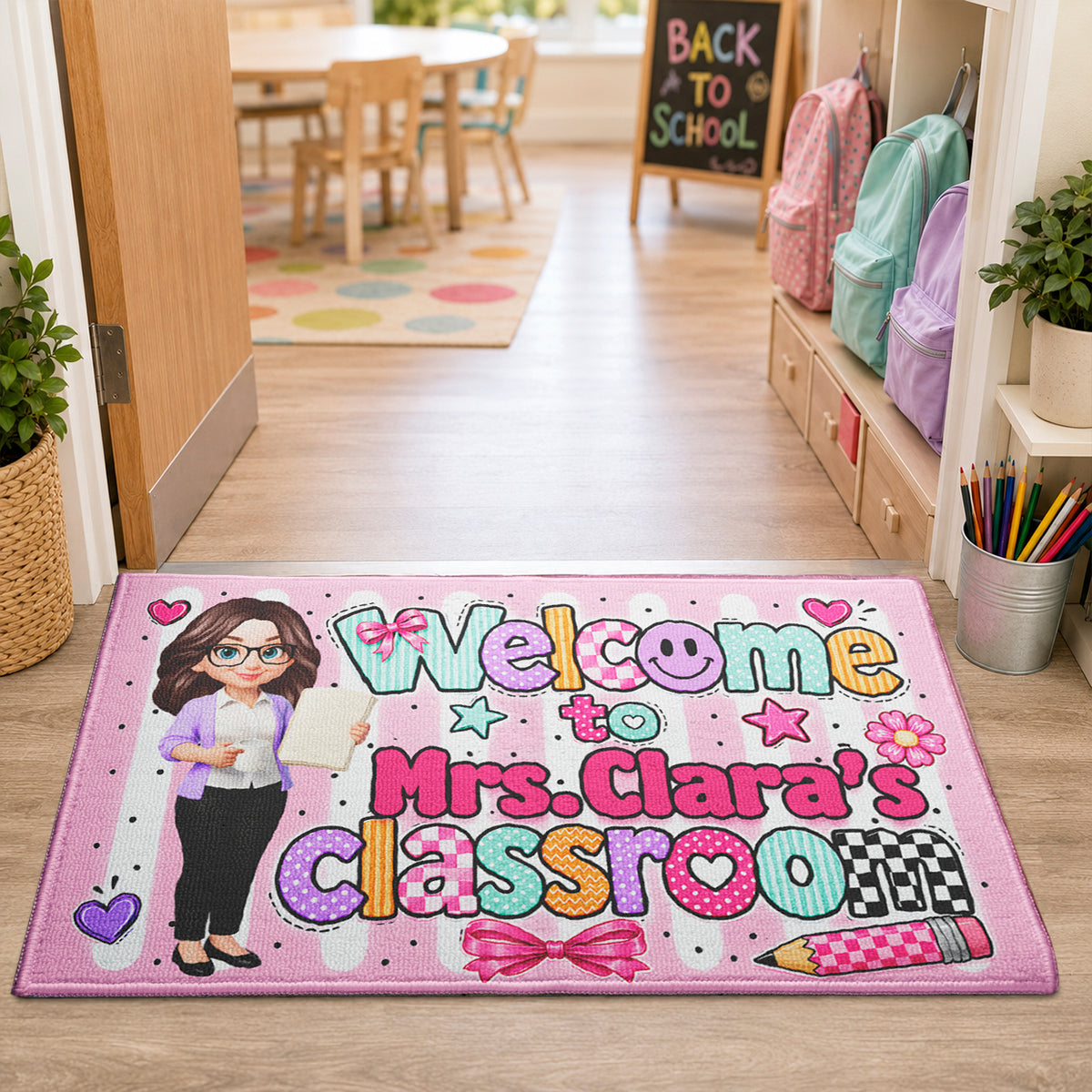 Neon Stripe Teacher Classroom - Personalized Doormat - Back to School Decor for Teacher
