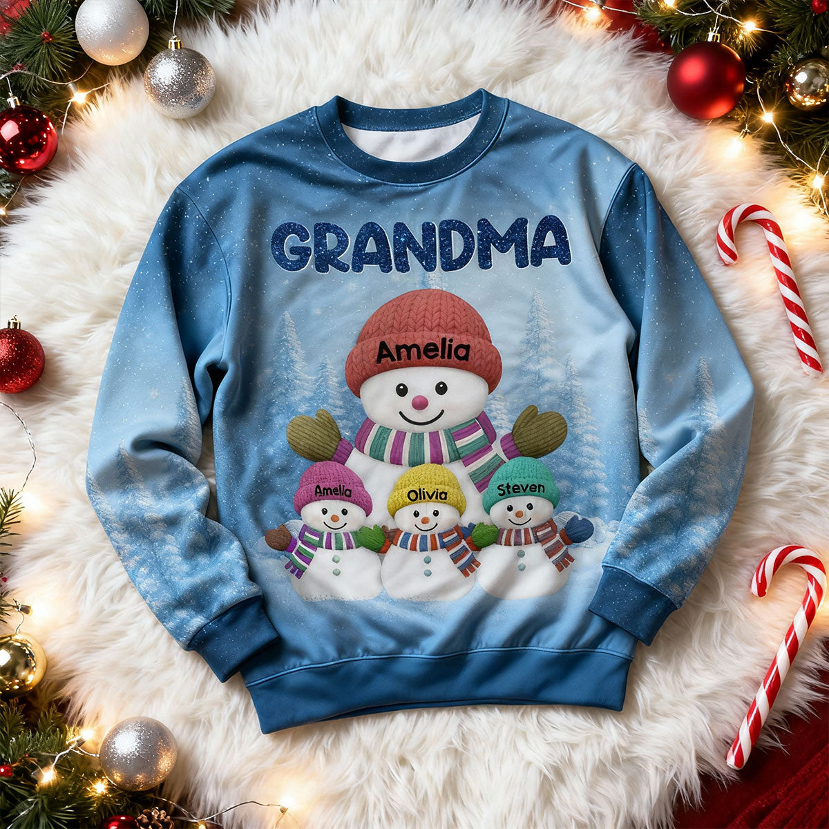 Heartwarming Grandma Grandkids Snowman Together - Personalized Ugly Sweater