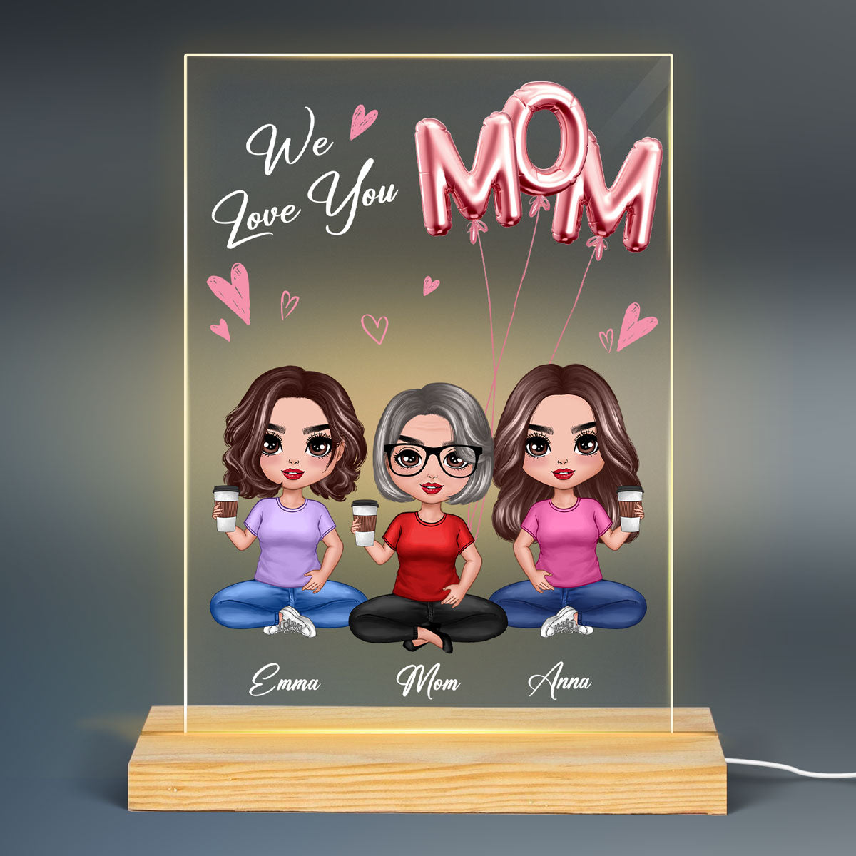 We Love You Mom Balloon Sitting Doll Mom Daughter Personalized Rectangle Acrylic Plaque With LED Night Light