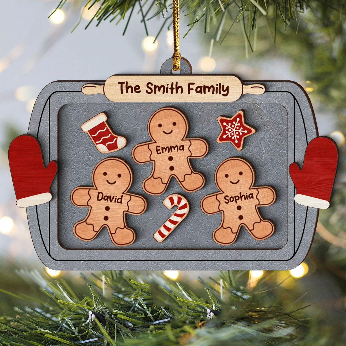 Gingerbread Family On Baking Tray Christmas Personalized 3-Layer Wooden Ornament