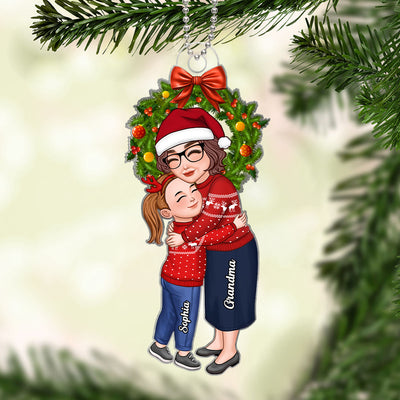 Grandma & Grandkid Hugging Under Christmas Wreath Gift For Granddaughter Grandson Personalized Acrylic Ornament