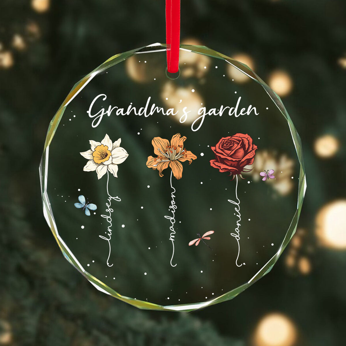 Grandma's Garden Personalized Glass Ornament, Christmas Gift For Grandma Granddaughter Grandson