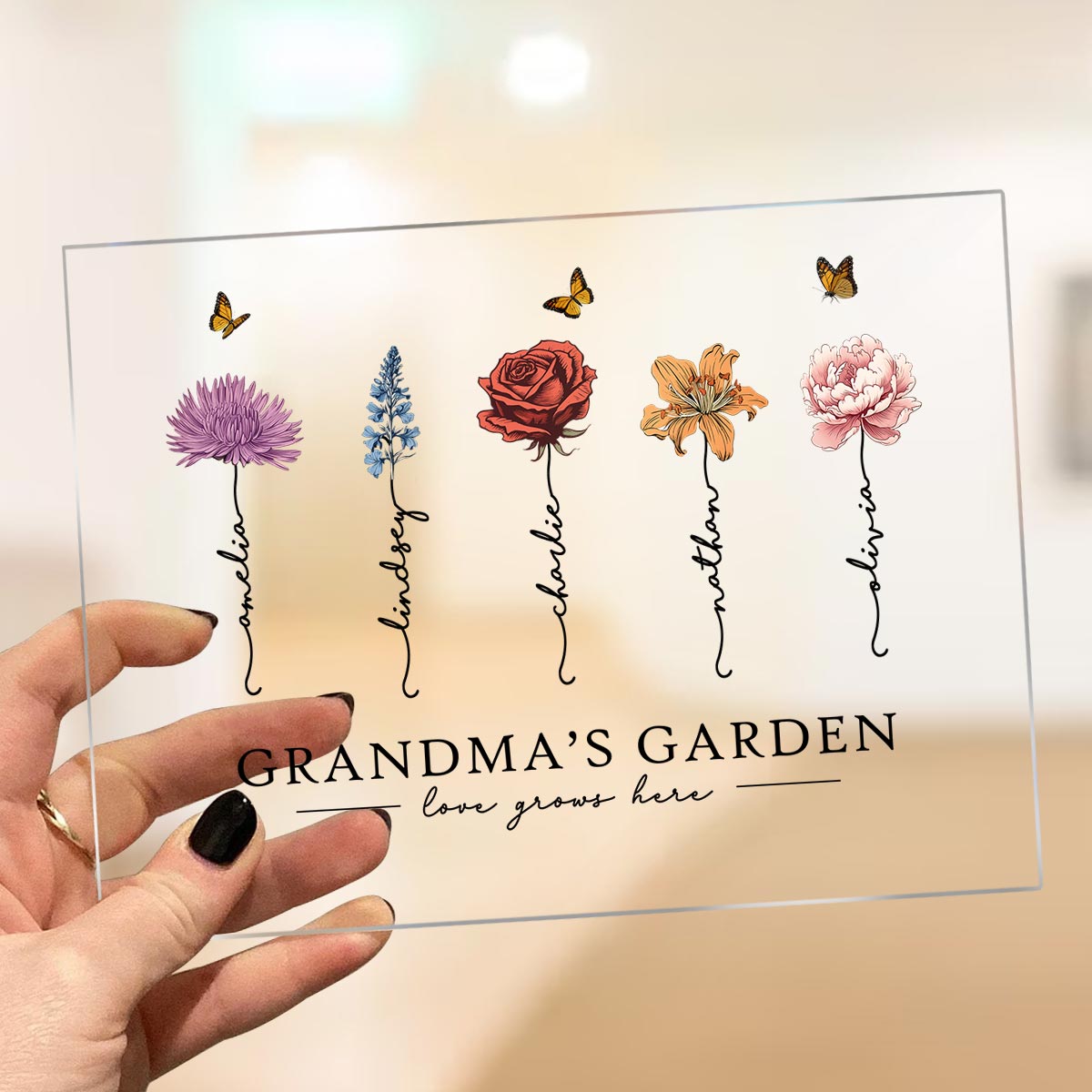 Grandma‘s Garden Love Grows Here Beautiful Birth Month Flower Gift For Grandma Mom Personalized Horizontal Rectangle Acrylic Plaque