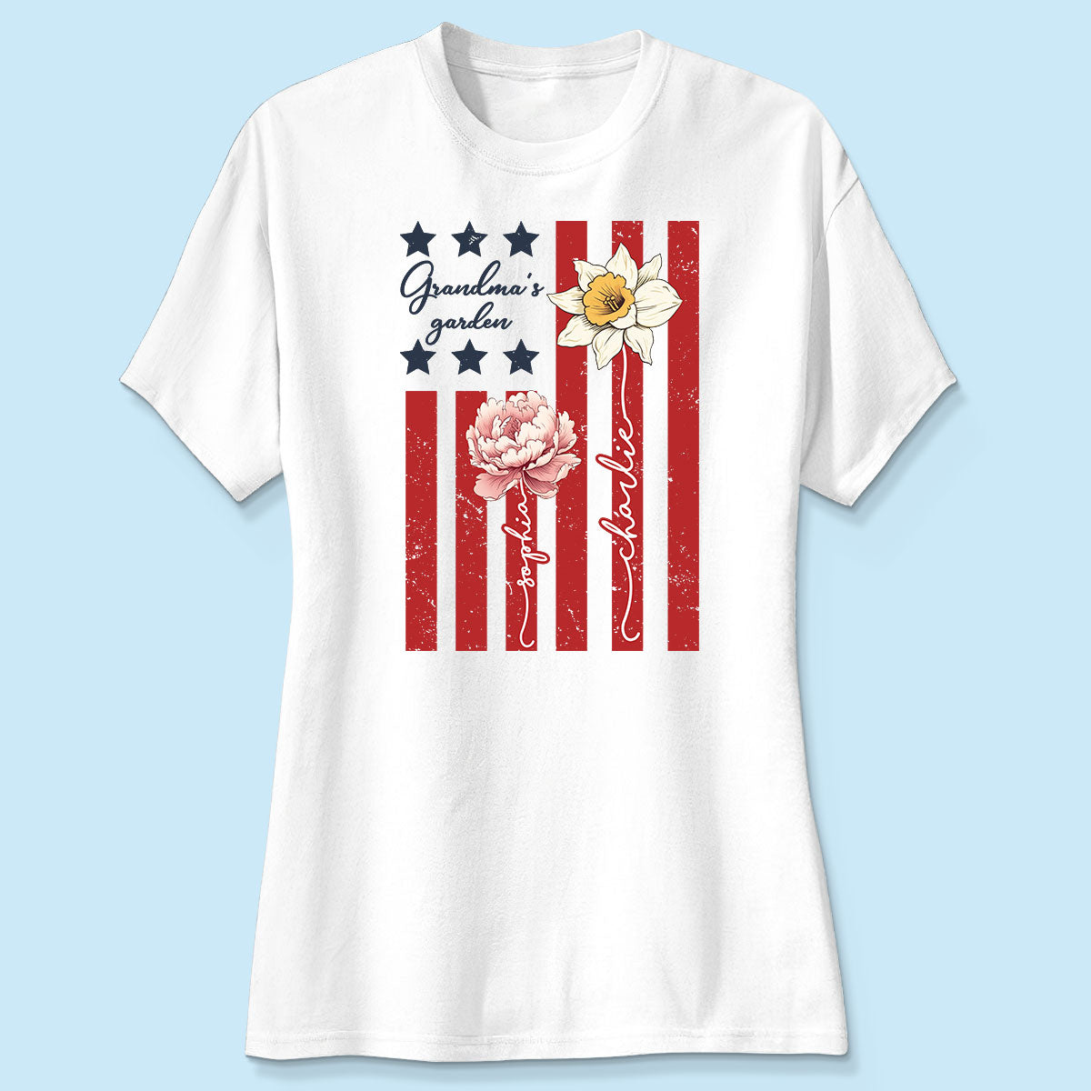 Grandma's Garden 4th Of July American Flag Personalized Shirt, Birth Month Flower, Gift For Grandma