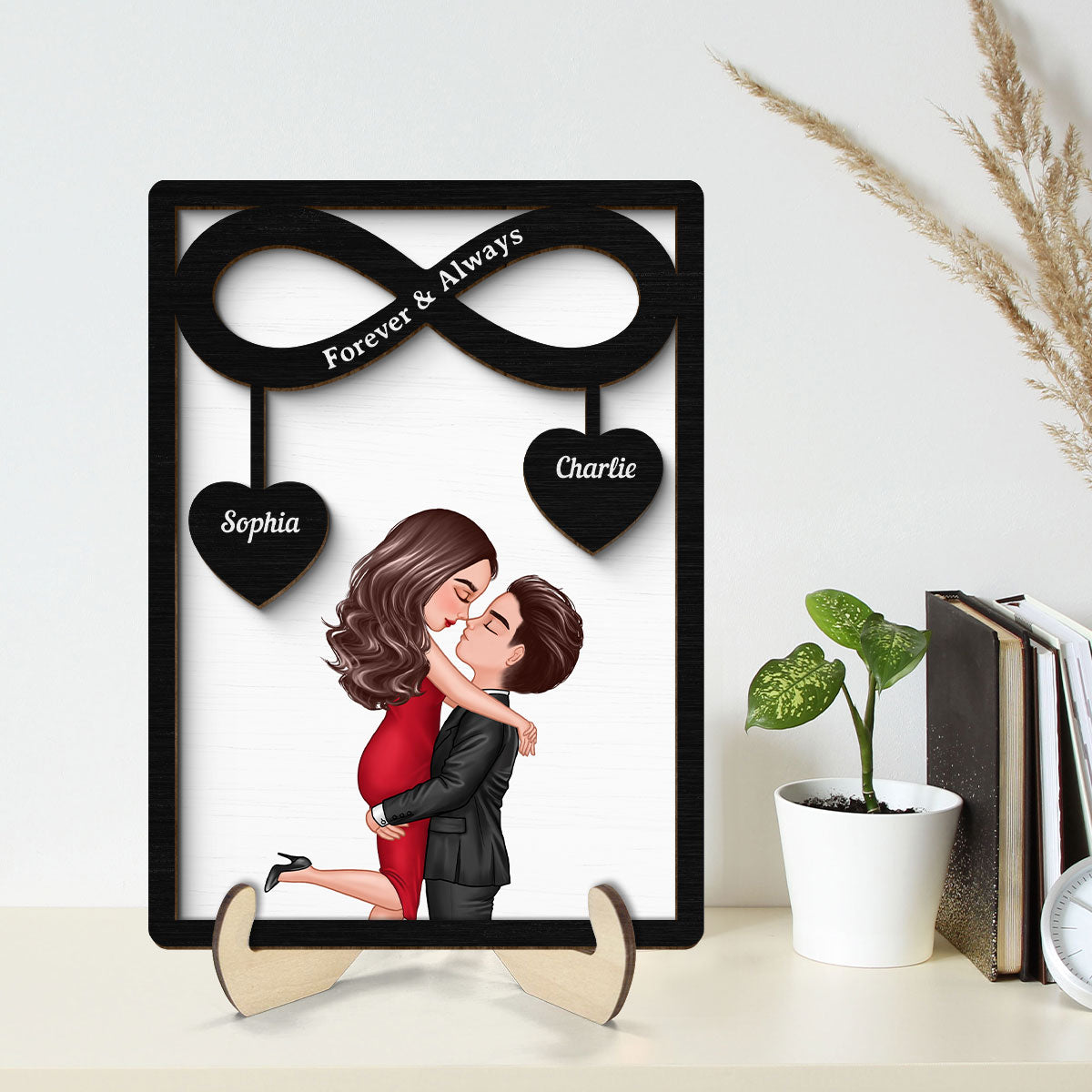 Couple Hugging Kissing Infinity Hearts Hanging Personalized 2-layer Wooden Plaque,  Gift For Him, For Her