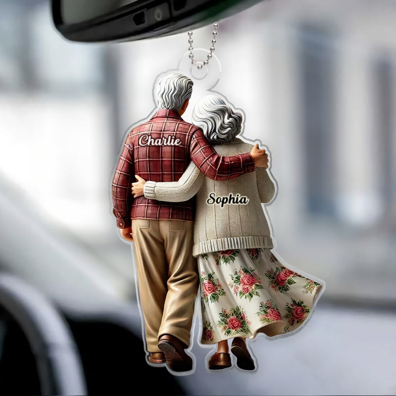 3D Effect Old Couple Walking Together Personalized Car Hanger Ornament, Heartfelt Gift For Couple, For Him, For Her, Husband, Wife