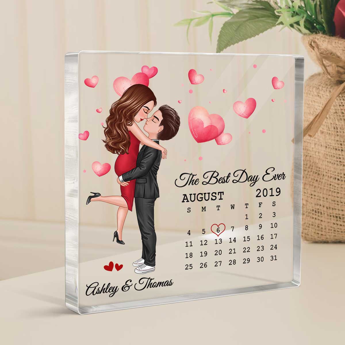 Doll Couple Hugging Kissing Calendar Anniversary Date Personalized Acrylic Plaque Block - Anniversary Gift For Couple - Gift For Him Gift For Her