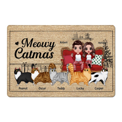 Meowy Catmas Couple & Cartoon Walking Cat Personalized Doormat