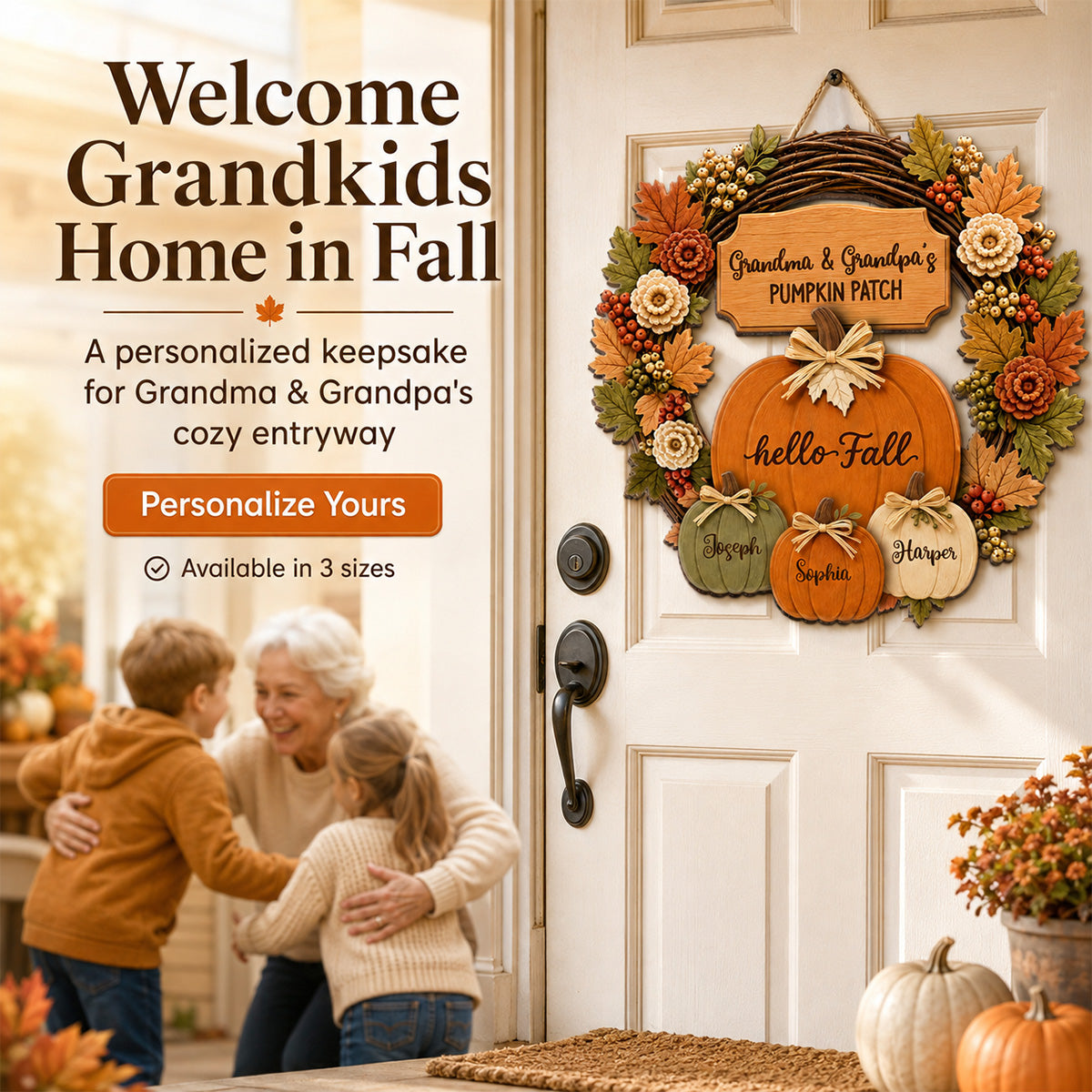 Grandma Grandpa's Pumpkin Patch Wreath Style 2D Flat Printed - Personalized Door Hanger - Fall Season Decor For Grandparents
