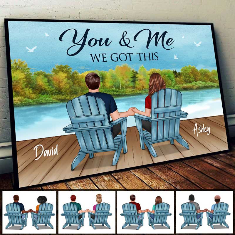 Back View Couple Sitting Lake View Personalized Horizontal Poster