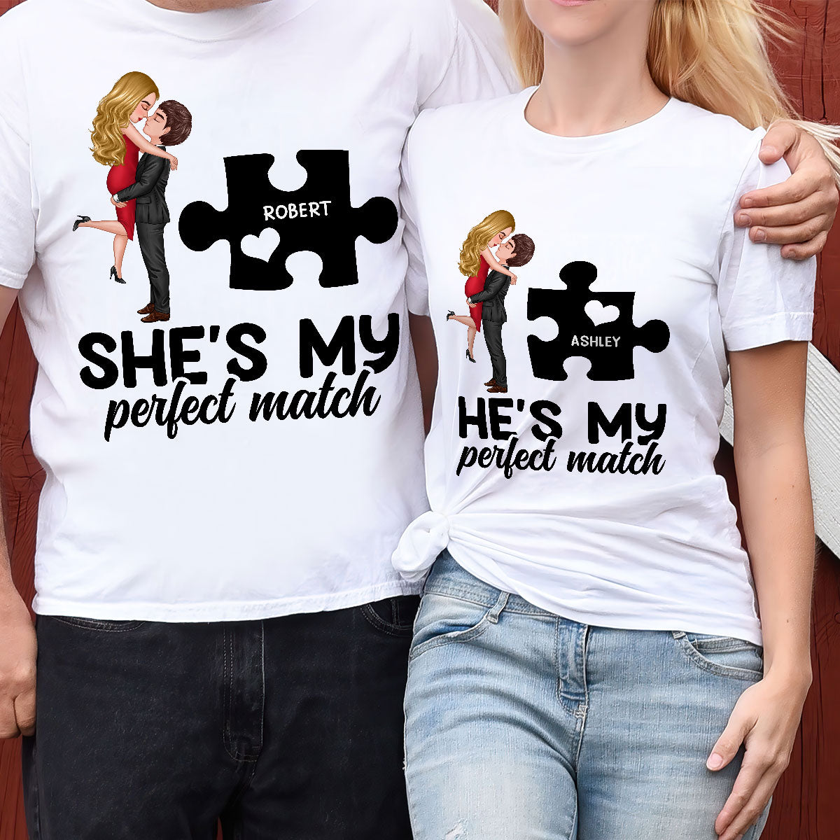 Couple Perfect Match Puzzle Couple Hugging Kissing Valentine‘s Day Personalized Matching Shirts [Set of 2 Shirts]