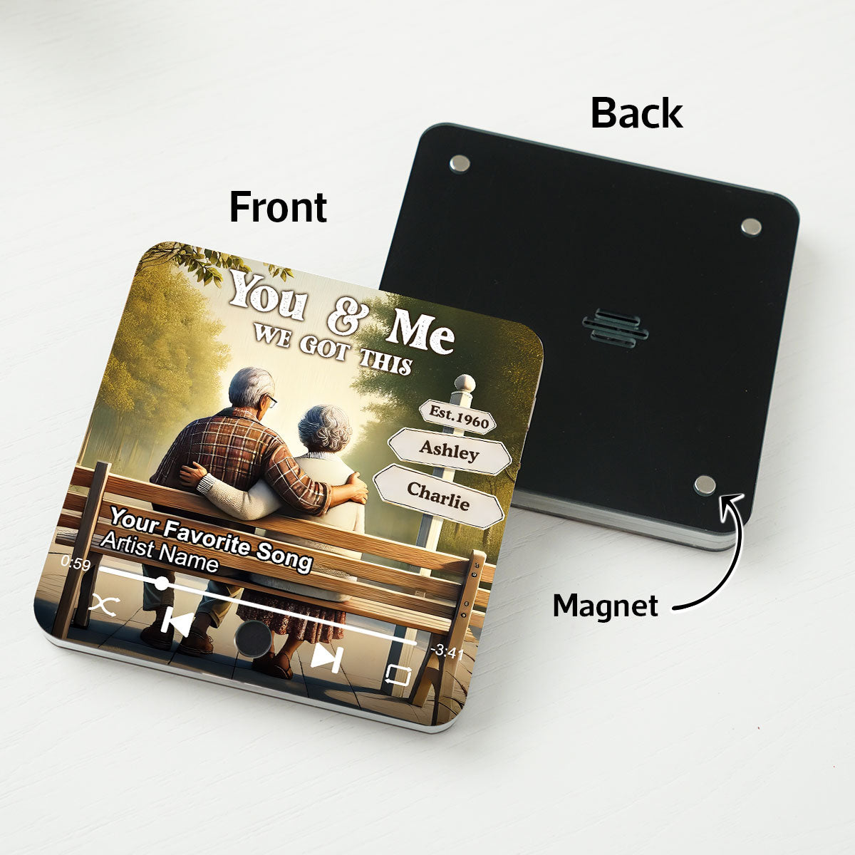 Old Couple Sitting On The Bench Personalized Music Fridge Magnet, Heartfelt Gift For Couple, For Him, For Her, Boyfriend, Girlfriend, Husband, Wife