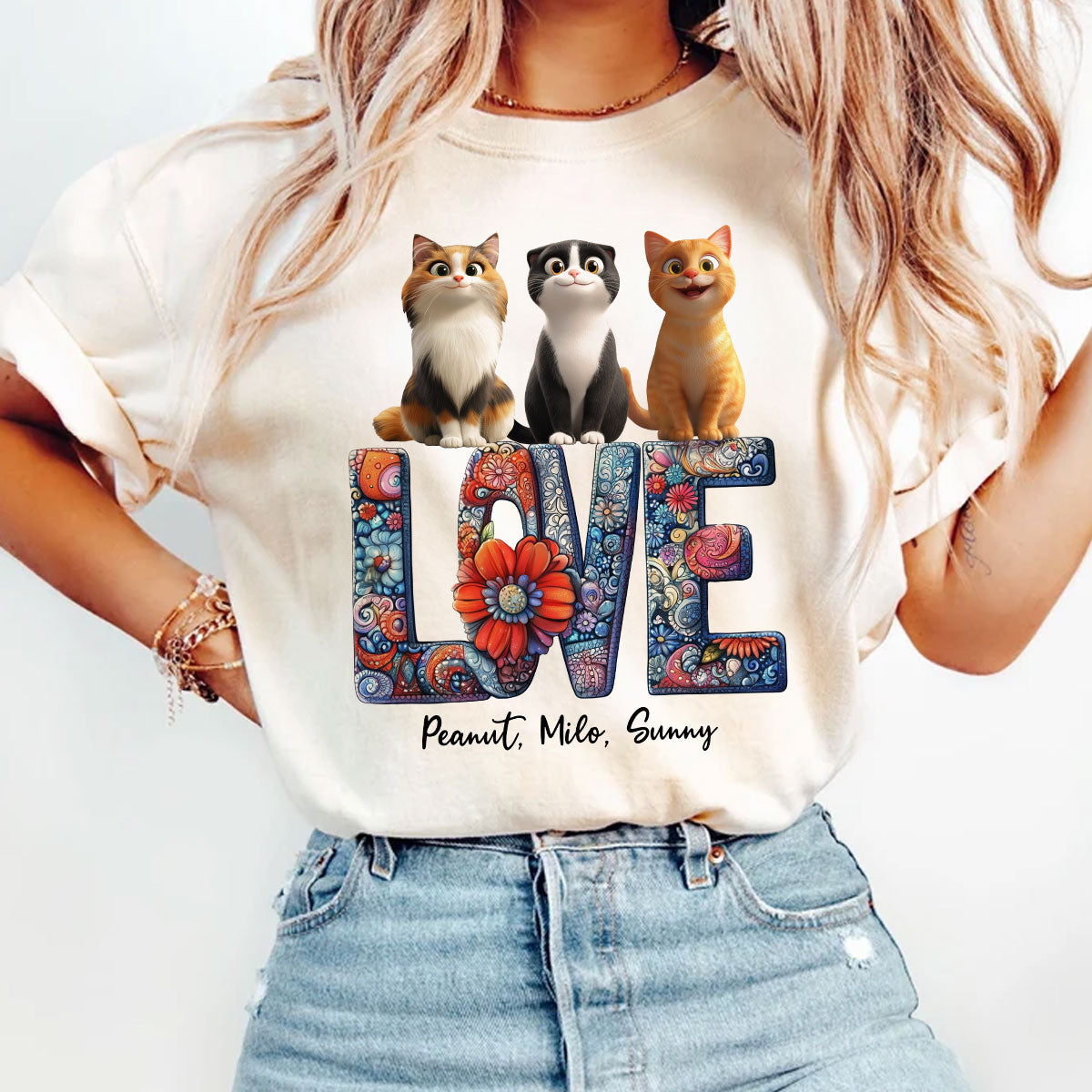 Love Mandala Pattern Cartoon Sitting Cats Personalized Shirt, Gift for Cat Moms