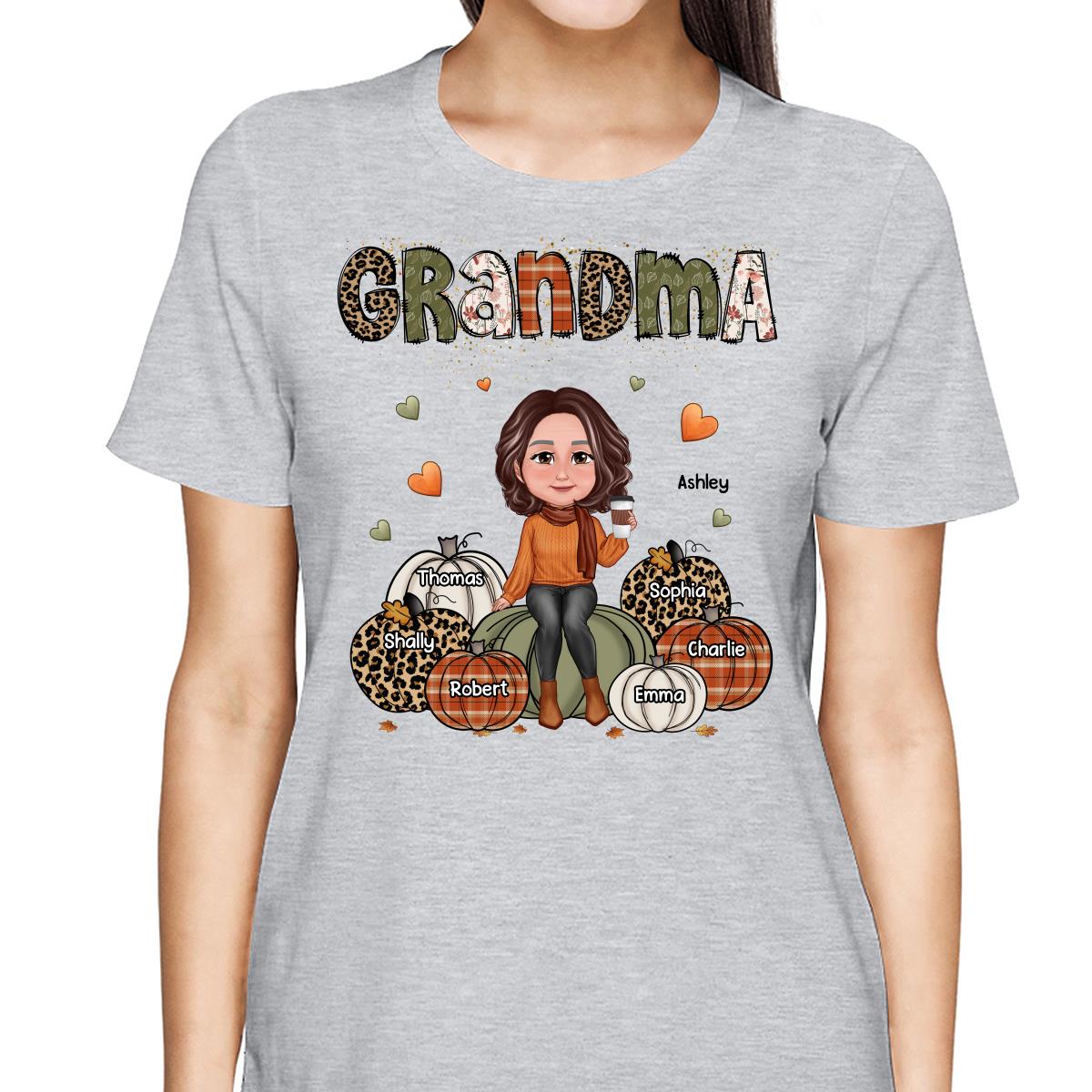 Vintage Orange & Green Grandma Patterned Pumpkins Kids Names Fall Season Personalized Shirt